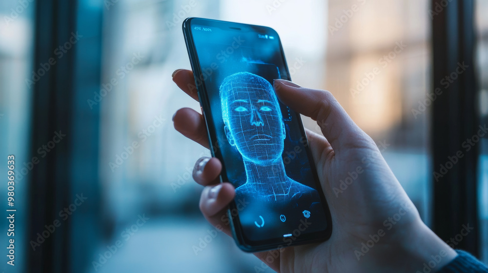 Poster hand interacting with a smartphone ui for unlocking via facial recognition. facial identification co