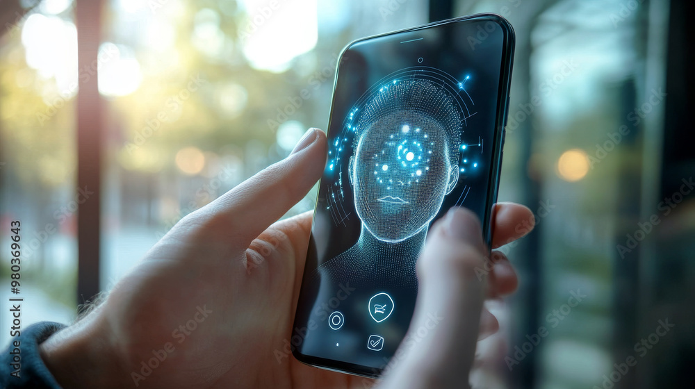 Poster hand interacting with a smartphone ui for unlocking via facial recognition. facial identification co