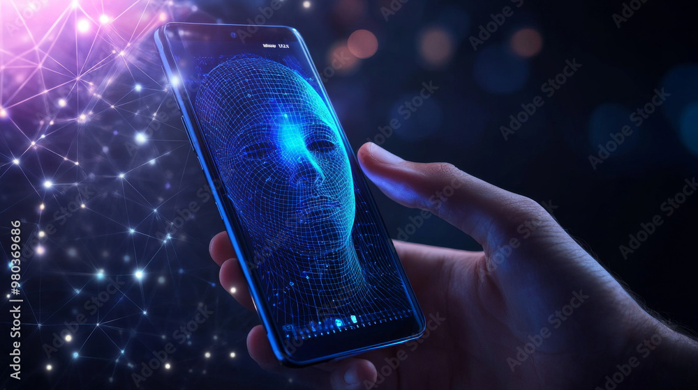 Poster hand interacting with a smartphone ui for unlocking via facial recognition. facial identification co