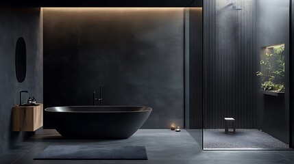 A black and white bathroom with a freestanding tub, a shower stall, and a wooden vanity. There is a plant in the shower stall and two candles on the floor.