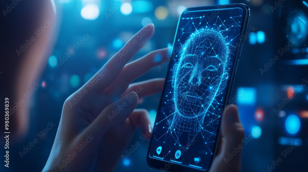 Poster hand interacting with a smartphone ui for unlocking via facial recognition. facial identification co