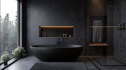 A modern bathroom with a black bathtub, shower, and dark grey walls. The room has a window overlooking a forest.