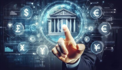 Online banking and digital money concept with man finger on virtual touch screen interface with central bank layout surrounded currency signs: dollar, euro, ruble and yen on abstract background