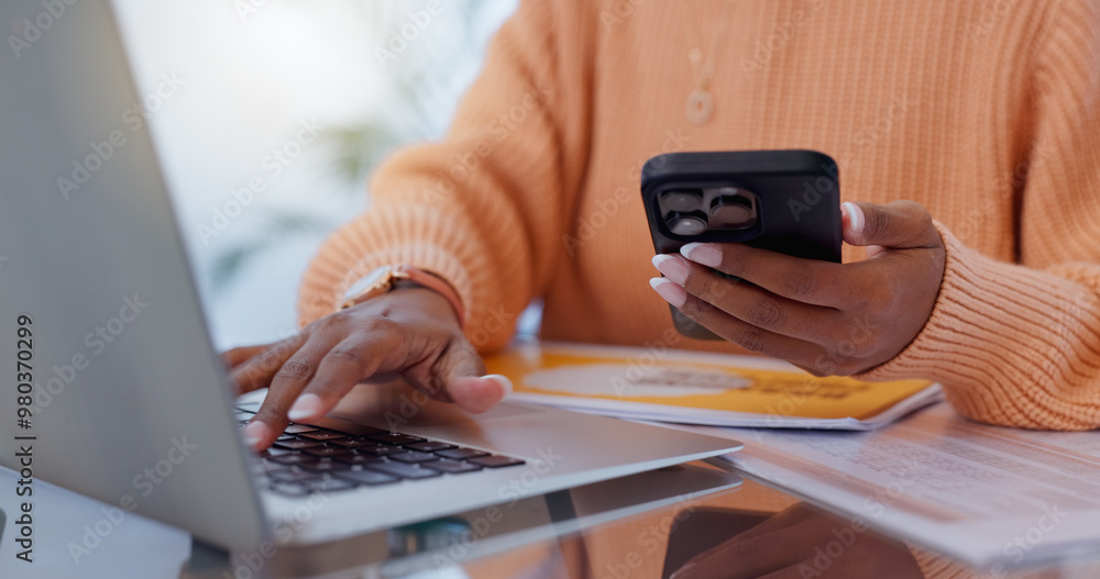 Aufkleber hands, home and woman with laptop, cellphone and digital app with network, connection and social med