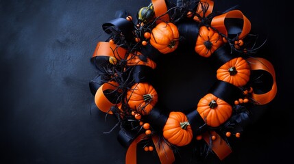 A beautifully crafted Halloween wreath features miniature orange pumpkins, black ribbons, and...