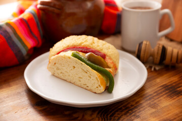 Traditional Kings day cake also called Rosca de Reyes, roscon, Epiphany Cake and hot chocolate...