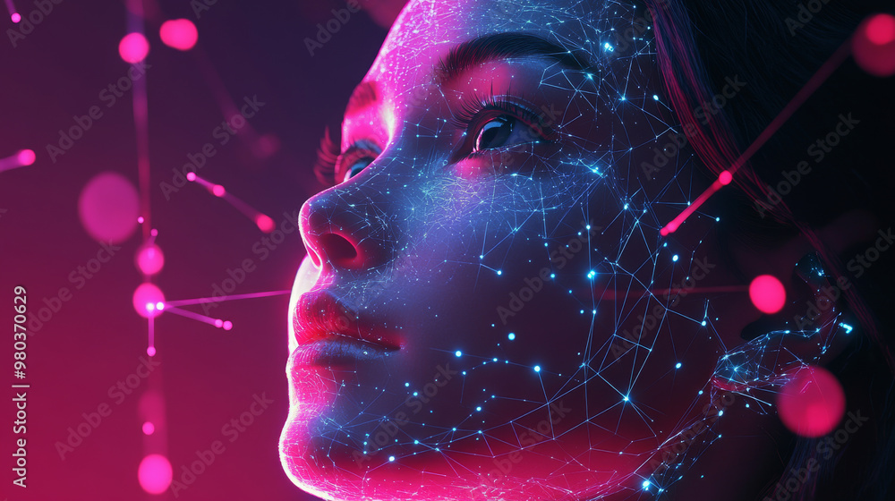 Poster ai represented by a female robot or cyborg working in 3d virtual reality cyberspace. the robotic wom
