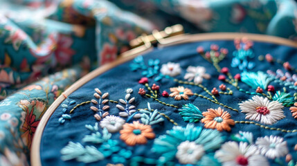 Fototapeta premium Intricate hand embroidery on fabric, featuring colorful floral patterns with fine threads. The delicate stitching showcases skillful craftsmanship, perfect for textile, fashion, or art-related use.