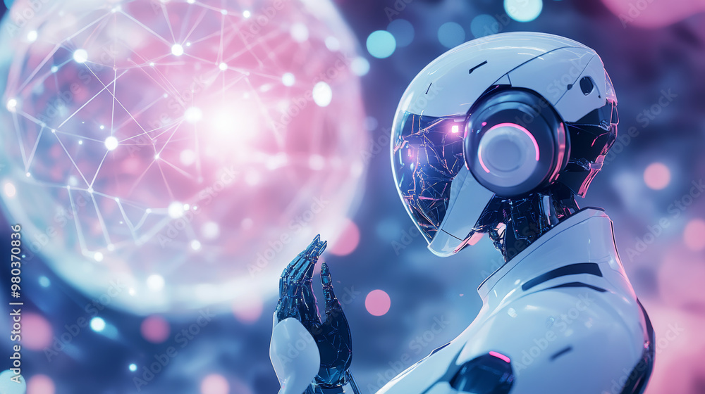 Poster ai represented by a female robot or cyborg working in 3d virtual reality cyberspace. the robotic wom