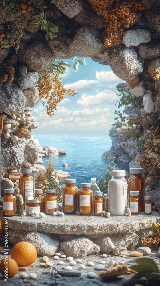 Poster a collection of bottles and pills are displayed in a cave-like setting. the bottles are of various s
