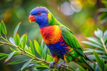 Naklejka premium Vibrant rainbow lorikeet parrot perches on a lush green branch, showcasing its colorful plumage with shades of blue, green, yellow, and orange feathers.