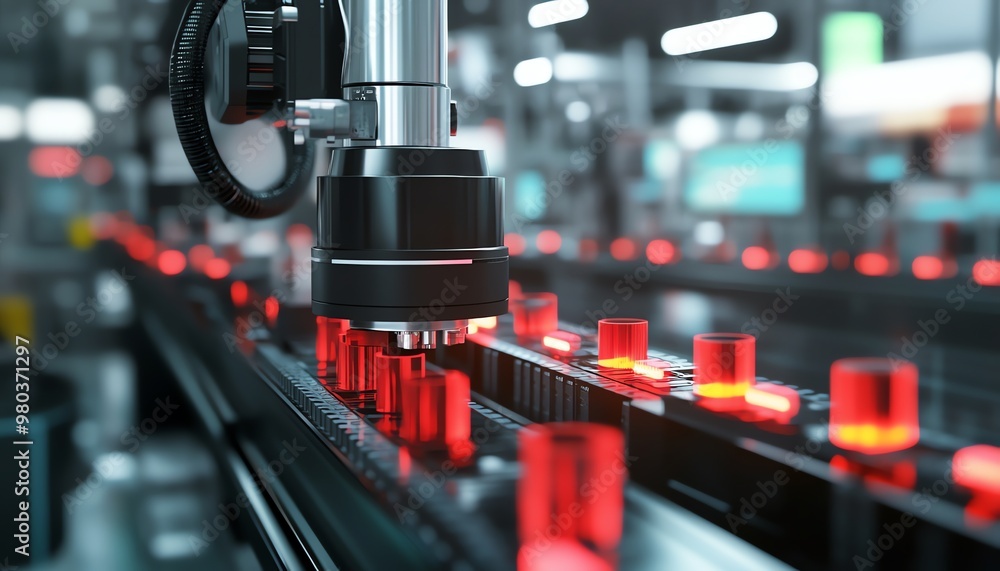 Poster automated assembly line with robotic arm and red cylinders