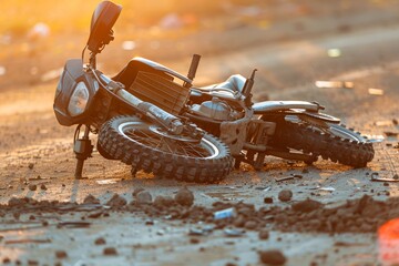 Motorcycle Crash on a Dusty Road, Aftermath of a Dangerous Accident, Concept of Traffic Safety