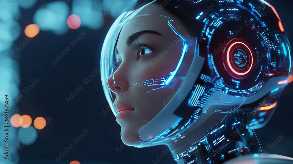 Poster ai represented by a female robot or cyborg working in 3d virtual reality cyberspace. the robotic wom