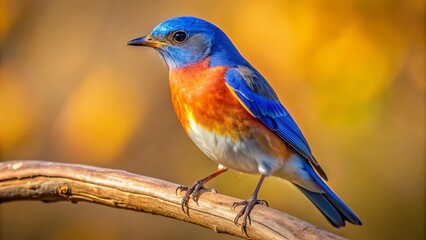 Fototapeta premium Vibrant Eastern Bluebird perches on a weathered branch, its iridescent feathers glistening in the sunlight, showcasing its bright blue and orange plumage.