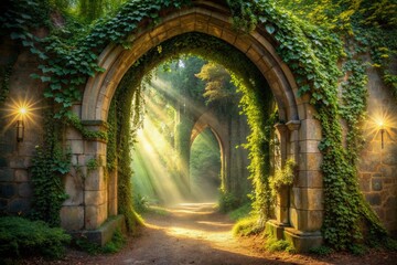 Fototapeta premium An ancient, ivy-shrouded archway beckons with an otherworldly glow, revealing a shimmering veil that separates the mundane from the mystical and unknown.