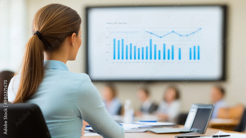 Poster a woman is sitting at a desk in front of a large monitor displaying graphs. she is focused on the da