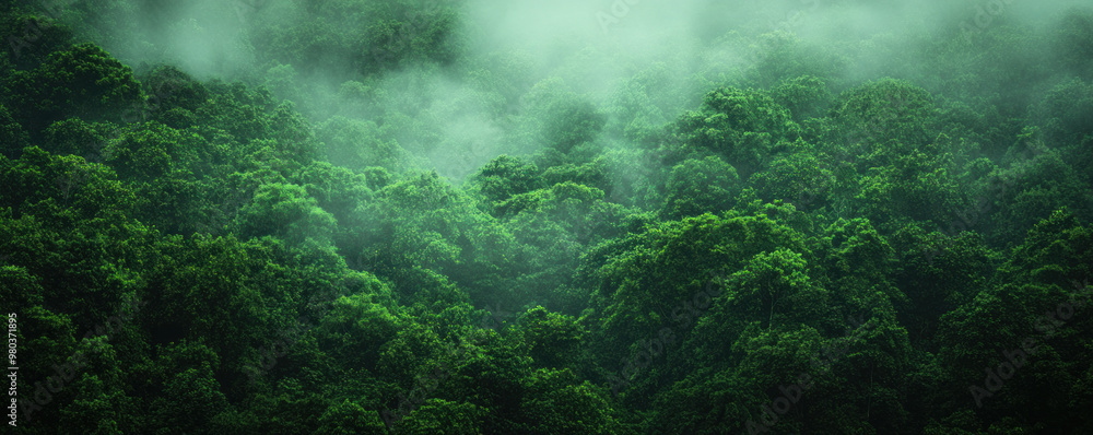 Poster a lush green forest with a foggy mist. the trees are tall and dense, creating a sense of depth and m