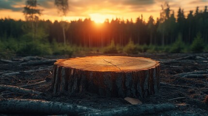 Tree stumps lined up to the horizon in a destroyed forest at sunset, showcasing the dramatic atmosphere and cinematic lighting in the background