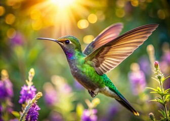 Fototapeta premium Vibrant iridescent feathers glisten as a hummingbird in mid-air flaps its wings rapidly, suspended amidst lush green foliage and delicate purple flowers in warm sunlight.