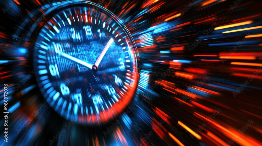 Poster a clock with the hands on the numbers 3 and 9. the background is blurry and colorful. the clock is s