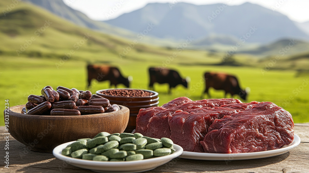 Poster a plate of meat and a bowl of pills sit on a table in front of a field with cows grazing
