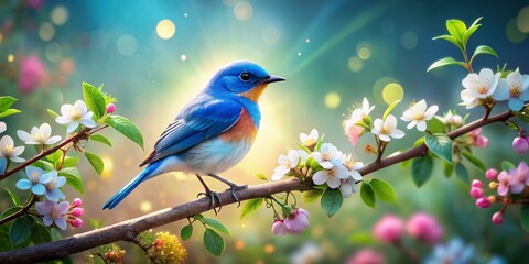 Obraz premium Vibrant blue bird perched on delicate flower branch, surrounded by lush greenery, with soft focus and dreamy lighting, in a whimsical fantasy landscape.