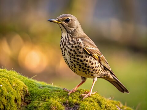 A solitary mistle thrush perches on a moss-covered stone wall, its brown plumage blending with the surroundings as it searches for a refreshing drink.