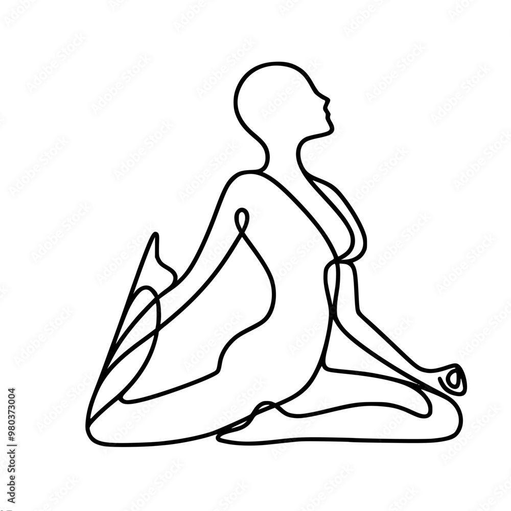 Poster line vector drawing of figure in sitting pose with one leg bent and the other extended, creating a r