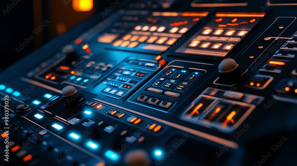 Poster close-up of a futuristic control panel with illuminated buttons