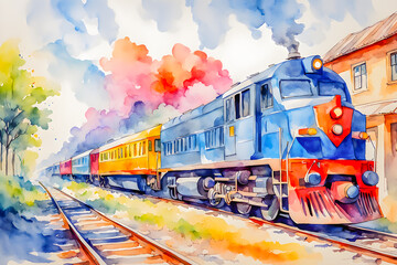 Obraz premium Watercolor picture of train on the abstract background.