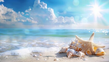Seashells and Starfish on Sandy Beach with Blurred Ocean and Bright Sky