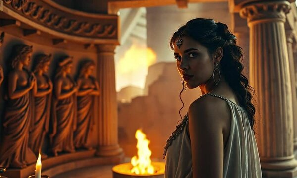 Hestia, the goddess of the hearth, stands by a fire in an ancient Greek home. The warm lighting shows her peaceful expression as she tends to the flame.
