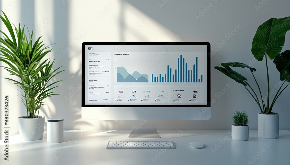Poster a minimalist desktop setup with a computer displaying data and charts