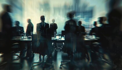 Blurred figures of business professionals in a conference room with glitch effect