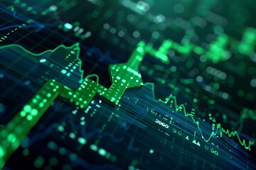 Obraz premium Green stock market arrow over digital financial chart.