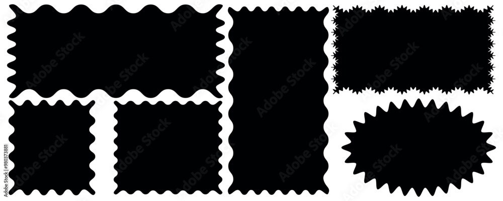 Poster set of doodle rectangle zig zag wave curve edge frame. hand drawn wavy rectangle borders.