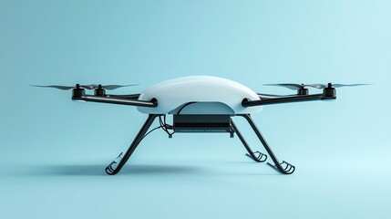 White drone with black propellers and landing gear on a blue background