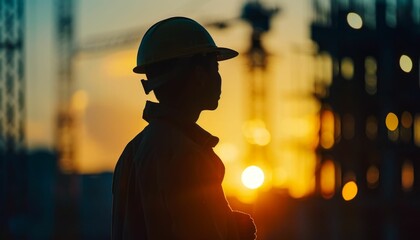 Construction worker silhouette at sunset on building site