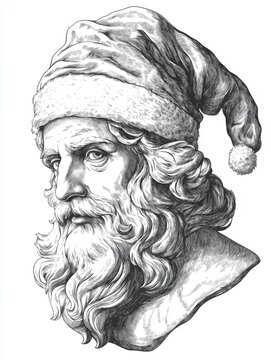 recommend clip art: Black and white Vintage engraved art of Cronus with a Christmas Santa hat, isolated on white background, ink sketch illustration, simple vector art design, highly detailed line art, high contrasty 