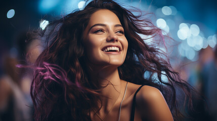 A young woman is dancing at a concert having a good time at an open air venue in the night.