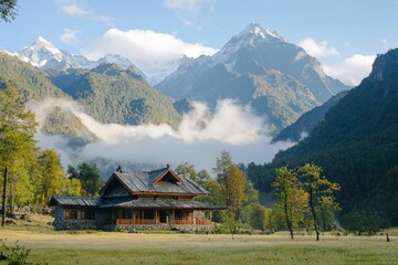 Obraz premium A tranquil mountain retreat where participants engage in silent walking meditation, surrounded by breathtaking scenery.