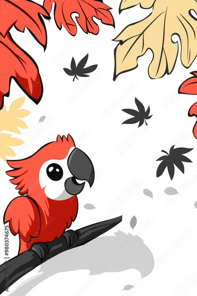 Canvas Prints Cute Cartoon Parrot Sitting on a Branch with Falling Leaves