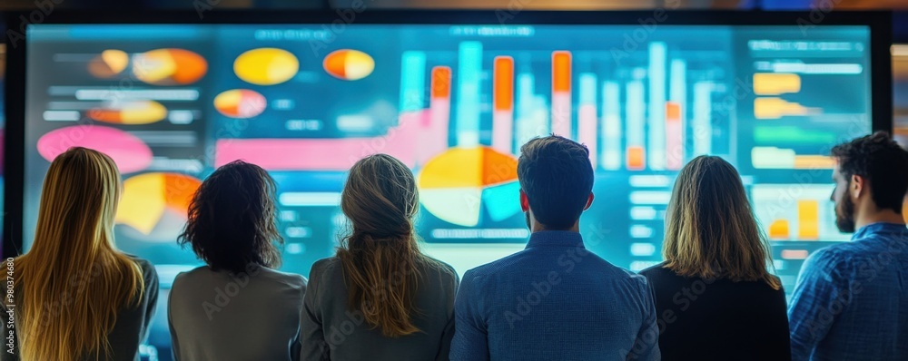 Poster strategic marketing team analyzing funnel performance on crm tool for lead generation and conversion