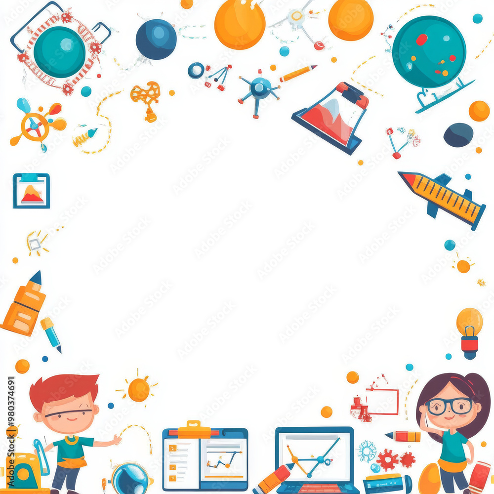 Poster frame or border design for youth tech education: includes stem career learning aspects. showcases pr