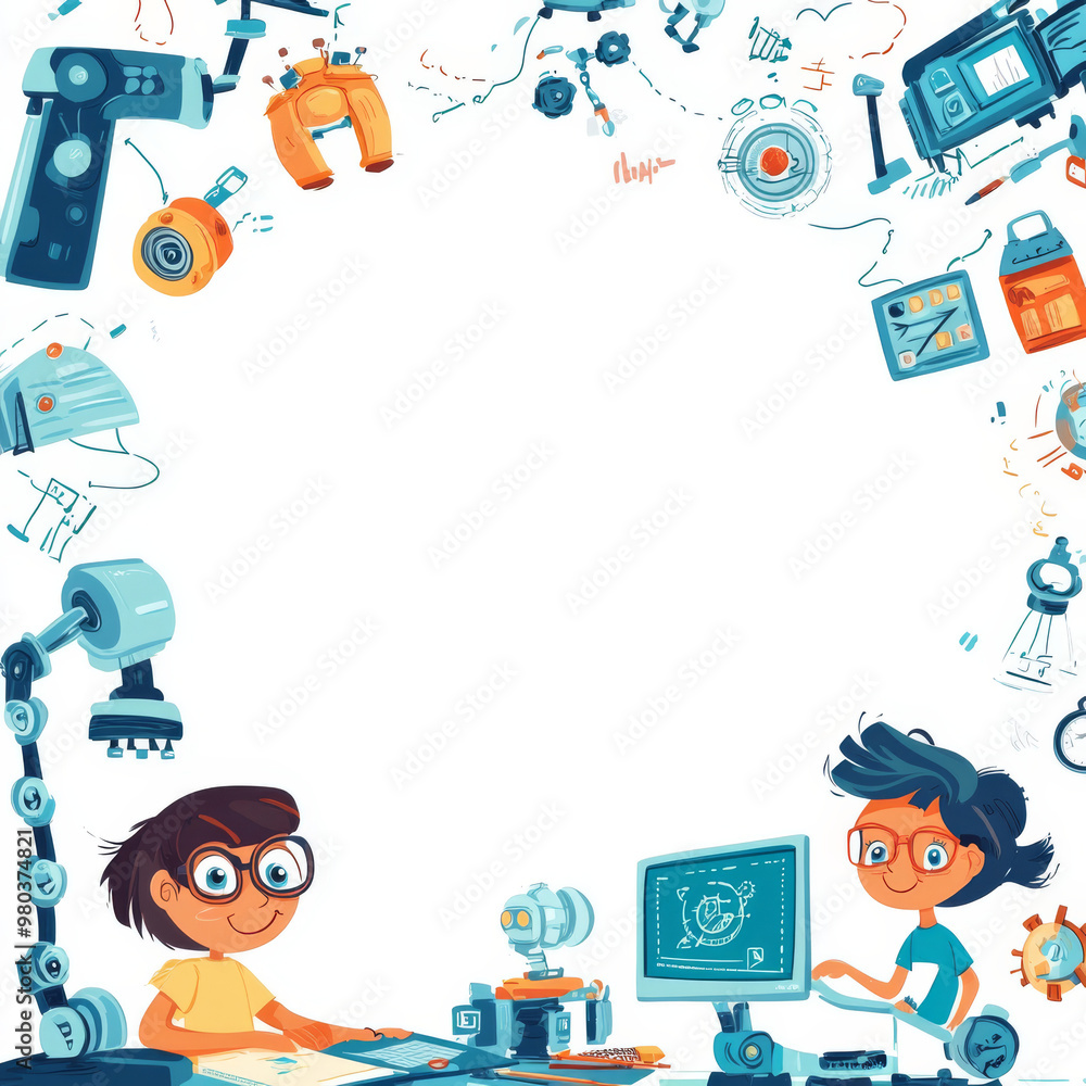 Poster frame or border design for youth tech education: includes stem career learning aspects. showcases pr