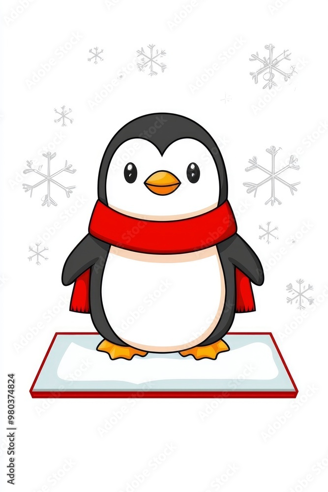 Wall mural cute cartoon penguin wearing a red scarf in the snow