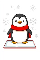 Naklejka premium Cute Cartoon Penguin Wearing a Red Scarf in the Snow