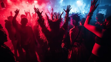 A vibrant underground club where people dressed in extravagant cosplay dance under pulsating lights, capturing the energy and diversity of night subcultures.