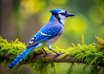 Vibrant blue jay perches on a moss-covered branch, its bright feathers and distinctive crest a striking contrast against a lush green forest background.